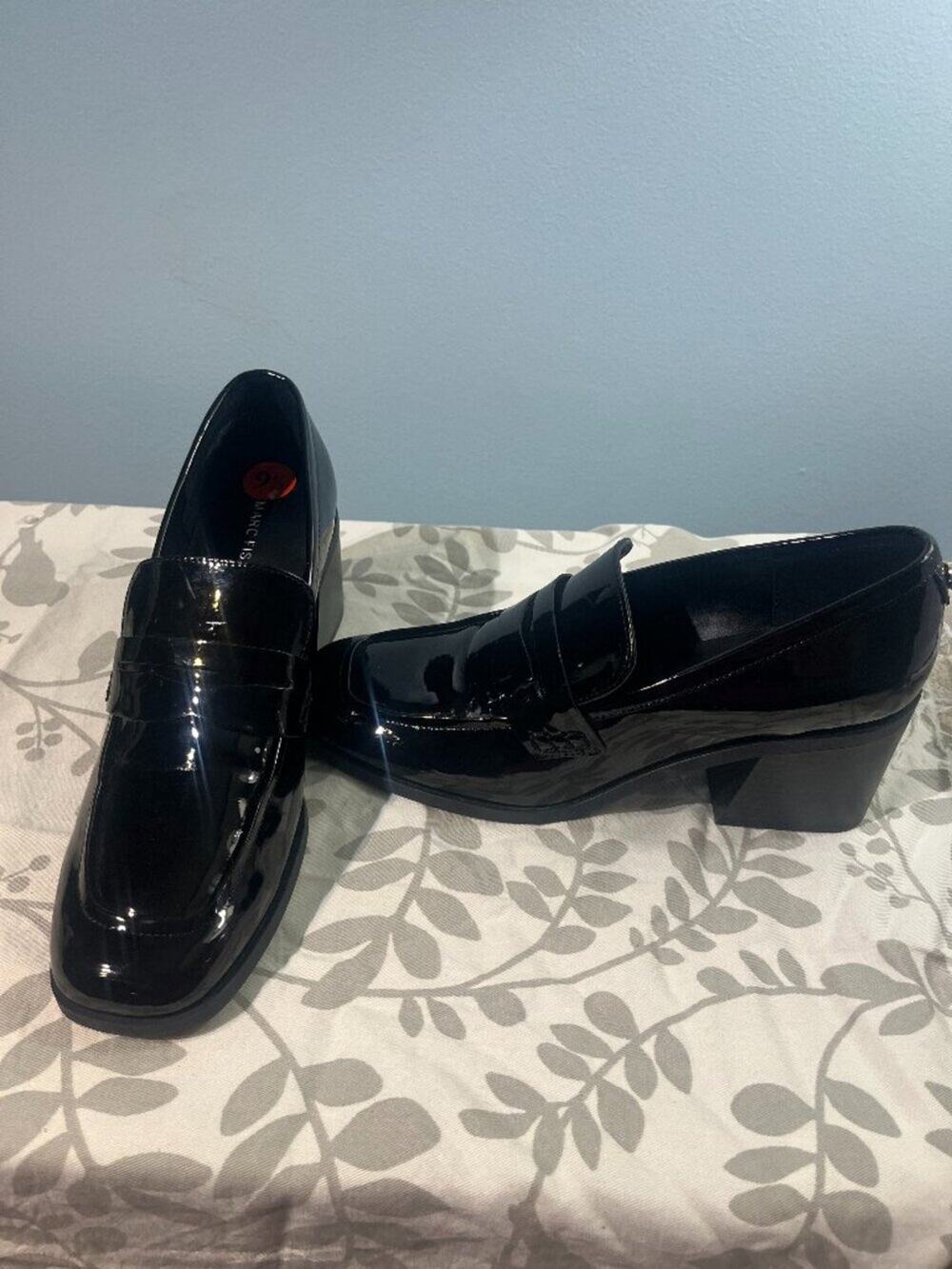 Marc Fisher Black Patent Penny Loafer Heels Chunky Block Heel Size 9.5